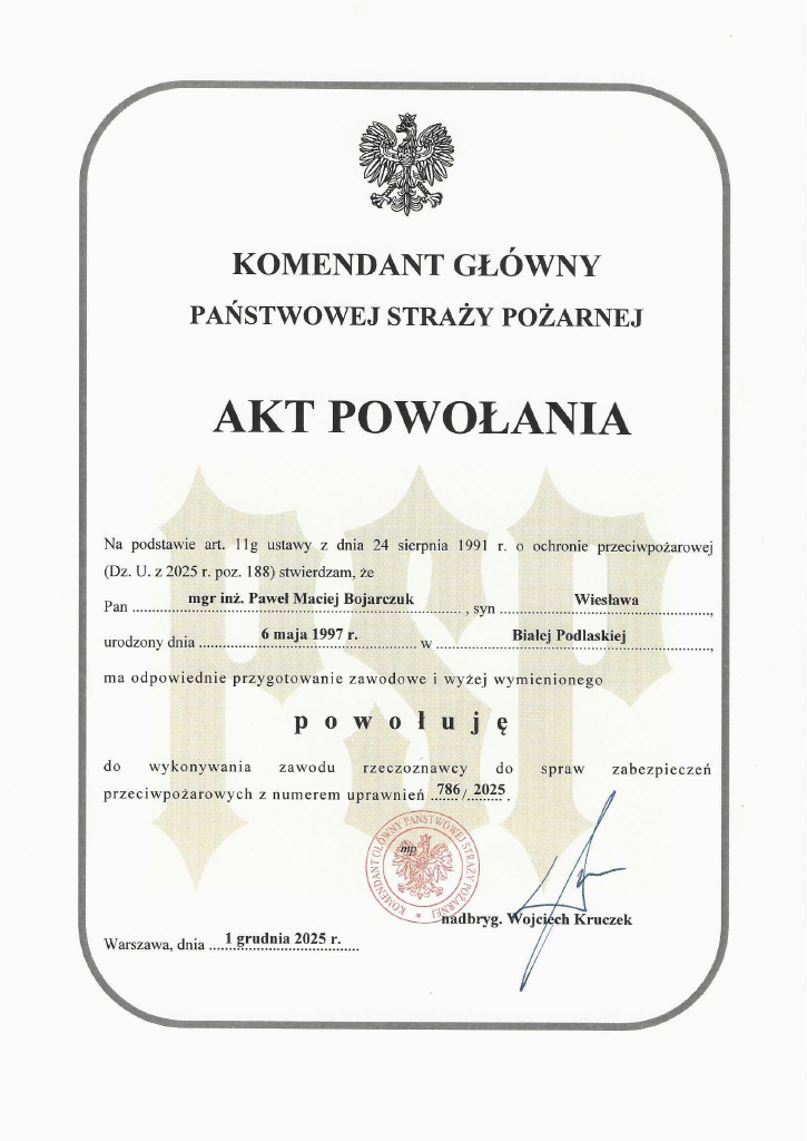 Akt powołania Pawła Bojarczuka na rzeczoznawcę ds. zabezpieczeń przeciwpożarowych